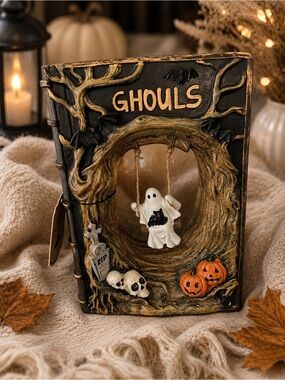 Spooky Halloween "GHOULS" Book Figurine with Swinging Ghost & Cat